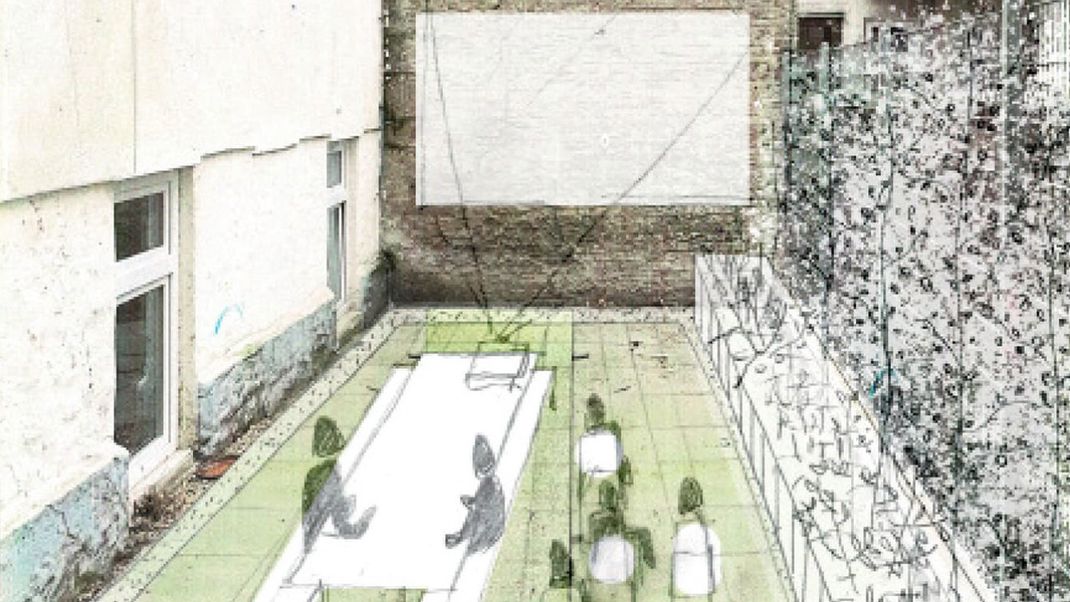 A rendering of a narrow courtyard featuring stylised figures seated at a table, with a projection screen on the brick wall and some suggested planting on the right.