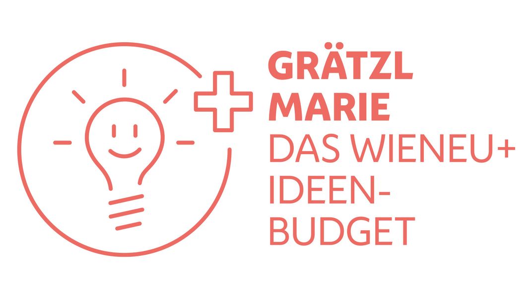 WieNeu+ icon depicting a neighbourhood community, featuring a stylised face made from a light bulb inside a circle, with a plus sign in the top right-hand corner. In the right-hand half, the text ‘Grätzlmarie’ appears, with ‘The WieNeu+ Ideas Budget’ below it. Designed in red and white.
