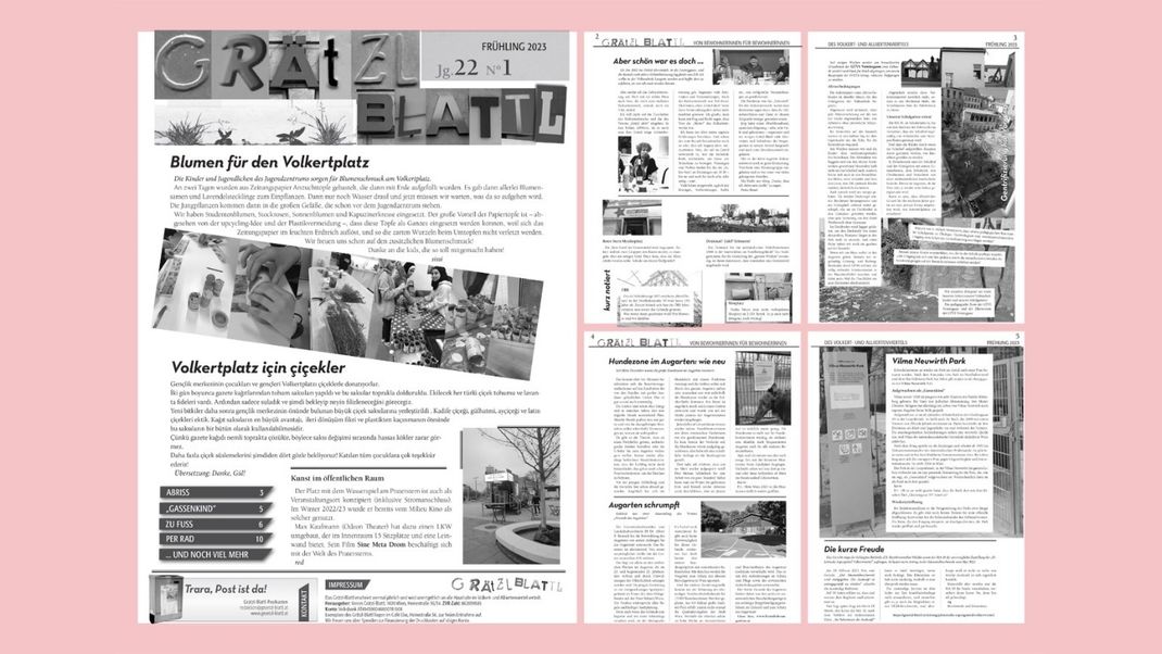 Black-and-white magazines arranged side by side in a rectangle. The background is pink.