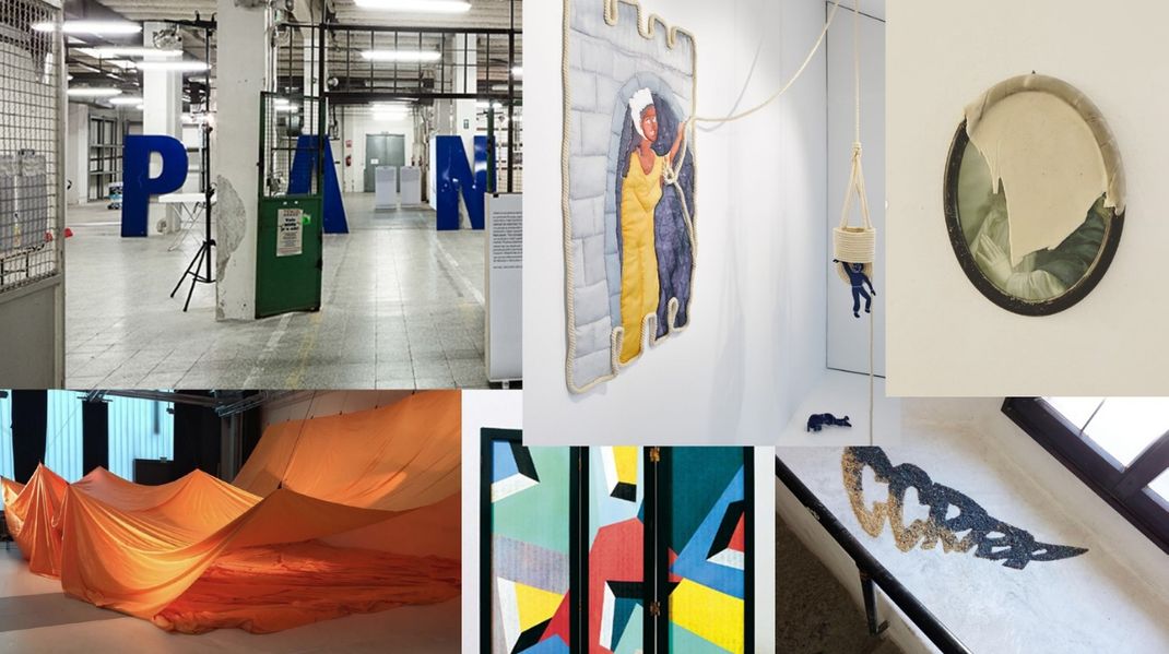 A collage of photographs from an exhibition featuring three-dimensional art objects and prints.