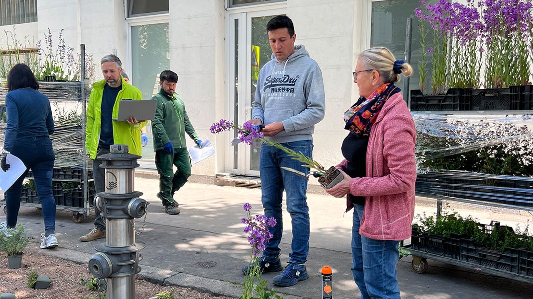 Im Vordergrund liegen viele kleine Blumentöpfe bereit zur Bepflanzung im Beet neben dem Gehsteig. Dahinter eine Frau stehend mit einem Blumentopf in der Hand im Austausch mit einem jungen Mann hinter ihr. Weitere Personen im Hintergrund vor einem Erdgeschoßlokal.