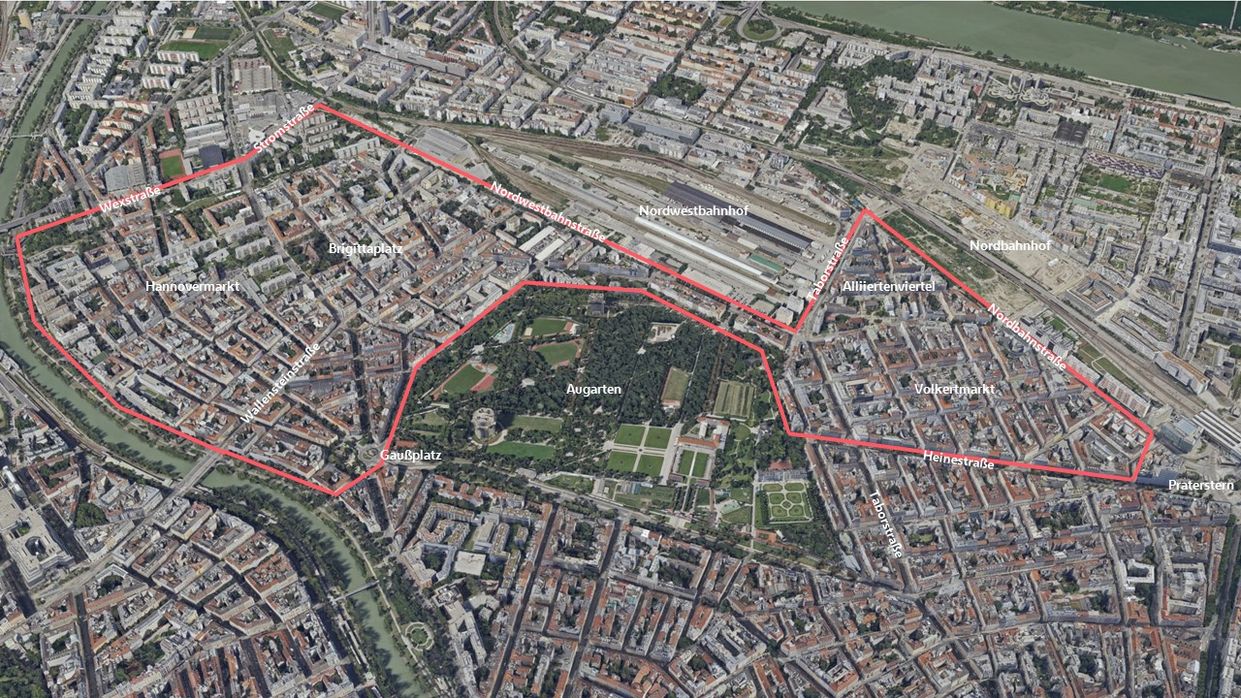 Kapitelbild: Schrägluftbild des urbanen Raums mit dichter Bebauung und roten Dächern sowie Augarten-Grünraum in der Mitte. Rechts oben ein Stück Donau.
Schrägluftbild des 20. und 2. Bezirks mit Programmgebiet-Kennzeichnung Copyright: Stadt Wien
Kapitelheader 9: Schrägluftbild des 20. und 2. Bezirks mit Programmgebiet-Kennzeichnung © Stadt Wien