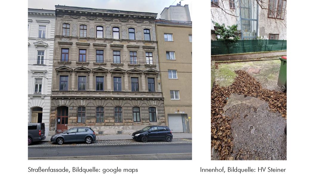 Fassadenansicht eine gründerzeitlichen Zinshauses mit vier Stockwerken und sechs Fensterreihen und gegliederter historischer Fassade. Davor zwei Autos geparkt. Links und rechts schließen ebenfalls Wohnhäuser an.