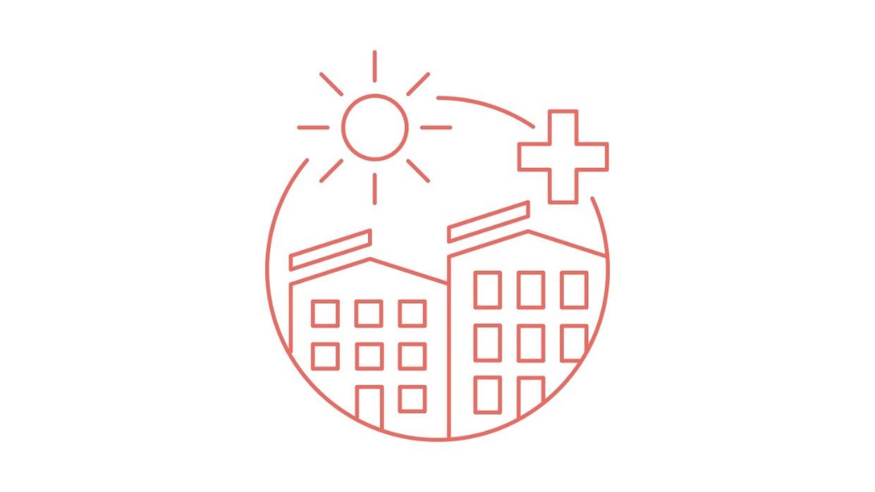 Kapitelbild: WieNeu+ Piktogramm Sanierung mit stilisierten Häusern mit angedeuteten PV-Anlagen am Dach unter einer Sonne im Kreis.
WieNeu+ Icon Gebäude und Energie, Copyright: MA 25
