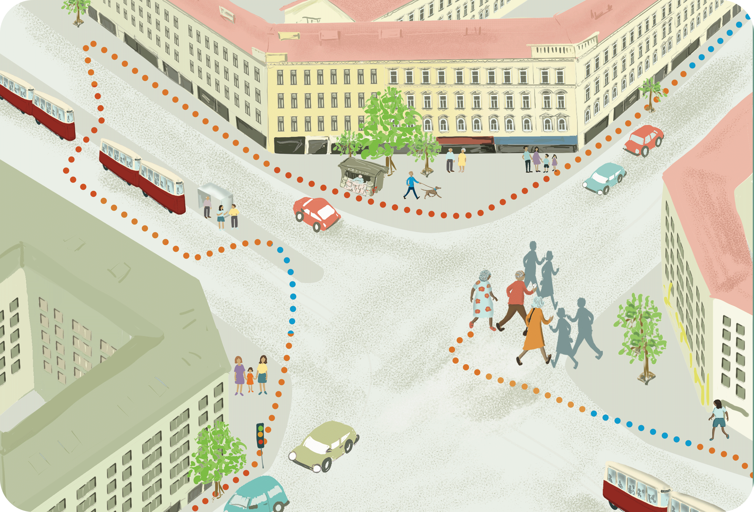 "Chatbot & Microstories" project

Colourful graphic visualisation of a traffic intersection, with routes traced by pedestrians clearly marked plus the images of cars and trams