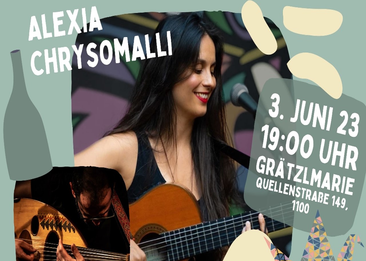 Alexia Chrysomalli, Frau mit langen schwarzen Haaren und Gitarre umrahmt mit graphisch gestaltetem Hintergrund in Grün und Auftrittsdatum 1. Juni 23, 19:00 Uhr. Copyright: Georg Cizek-Graf