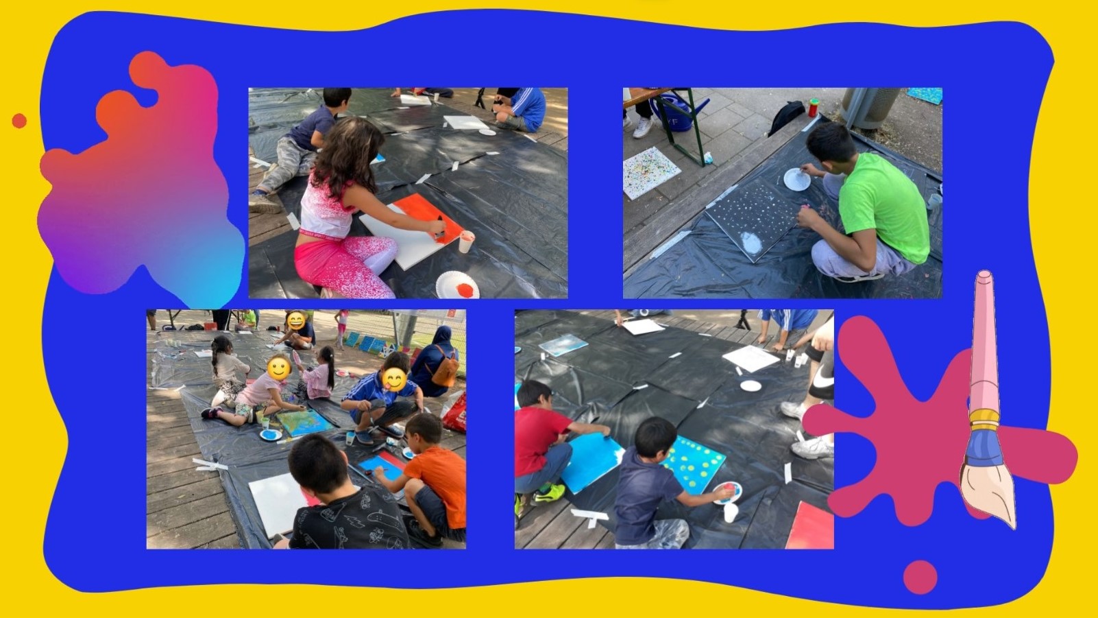 Vier Fotos von Kindern, die im Park kleinformatige Bilder auf einer schwarzen Schutzfolie malen. Copyright: Agnes Schmidt