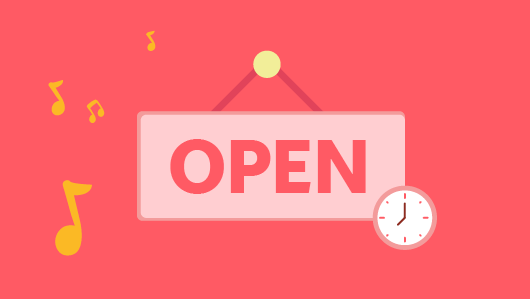 Illustration: Sign with the word "OPEN" and musical notes.