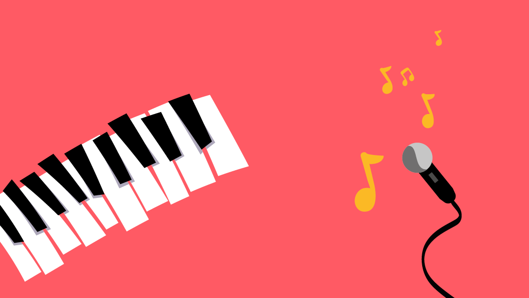 Illustration of piano keys, musical notes, and a microphone.