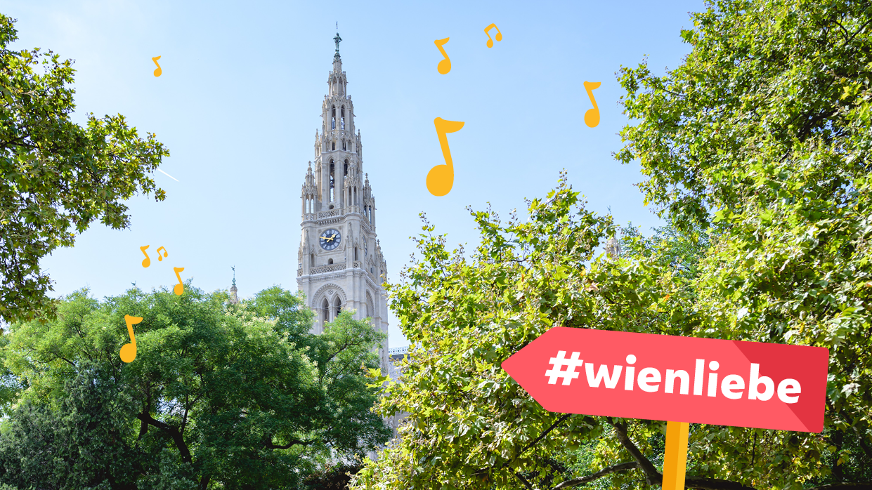 Kapitelbild: Baumkronen des Wiener Rathausparks, im Hintergrund der Hauptturm des Wiener Rathauses, im Bild ein illustrierter Wegweiser mit der Aufschrift „#wienliebe“
