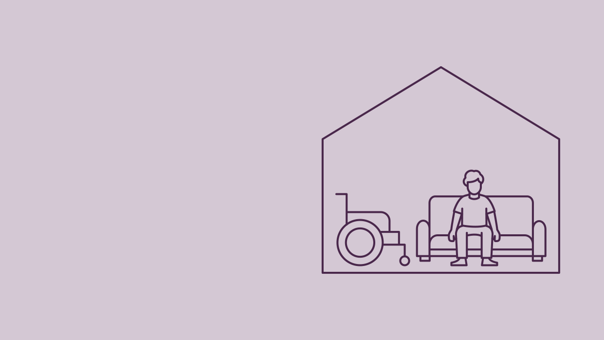 Kapitelbild: Grafik: Mann sitzt in Haus auf Sofa, daneben Rollstuhl