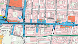Ausschnitt Plandarstellung Meidlinger Hauptstraße, Fußgängerzone blau unterlegt mit eingezeichneten Gehlinien