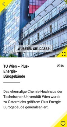 Screenshot der App Energy!ahead mit einer Information zum Plus-Energie-Brogebude der TU Wien