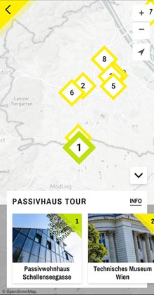 Screenshot der App Energy!ahead mit einer Karte zur Passivhaus-Tour