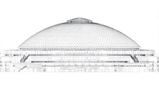 Zeichnung, flaches Gebäude mit drei horizontal durchlaufenden Geländern und Kuppeldach