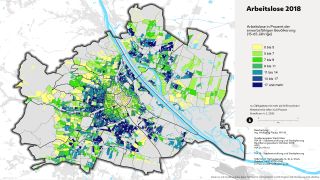 Wien-Karte: Arbeitslosenanteil nach Zhlgebieten farblich dargestellt