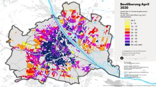 Wien-Karte: Anteil der im Ausland Geborenen nach Zhlgebieten farblich dargestellt