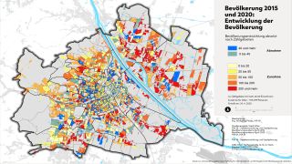 Wien-Karte: Zu- oder Abnahme an Menschen farblich dargestellt