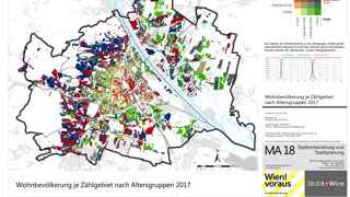 Wien-Karte: Anteil lterer oder jngerer Menschen an der Gesamtbevlkerung 2017 nach Zhlgebieten farblich dargestellt