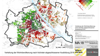 Wien-Karte: ber-15-Jhrige nach hchster abgeschlossener Ausbildung 2016 nach Zhlgebieten farblich dargestellt