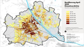 Wien-Karte: EinwohnerInnendichte pro Hektar Bauland 2020 nach Zhlgebieten farblich dargestellt