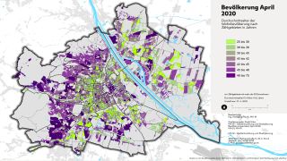 Wien-Karte: Durchschnittsalter nach Zhlgebieten farblich dargestellt