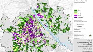 Wien-Karte: Anteil der Einpersonenhaushalte  2013 nach Zhlgebieten farblich dargestellt