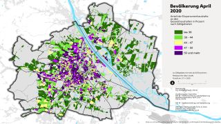 Wien-Karte: Einpersonenhaushalte nach Zhlgebieten farblich dargestellt