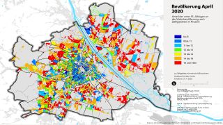 Wien-Karte: Anteil der unter 15-Jhrigen 2016 nach Zhlgebieten farblich dargestellt