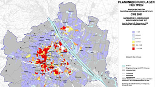 Wien-Karte: Kategorie-D-Wohnungen 2001 nach Zhlgebieten farblich dargestellt