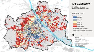 Wien-Karte: Anzahl der privaten einspurigen Kfz je 1.000 Einwohner
