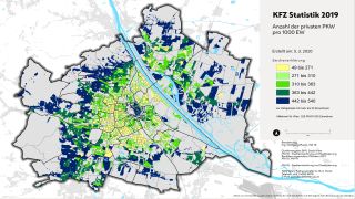 Wien-Karte: Pkws 2019 nach Zhlgebieten farblich dargestellt