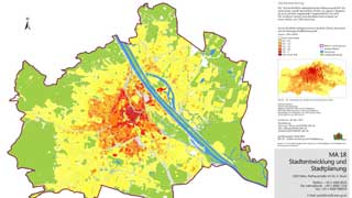Wien-Karte: durchschnittlich wahrgenommene Bebauungsdichte 2010 farblich dargestellt