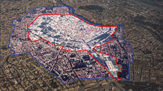 Luftbild der Inneren Stadt mit eingegrenzter Kern- und Pufferzone