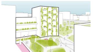 Visualisierung zeigt Wohngebäude mit grünen Innenhöfen