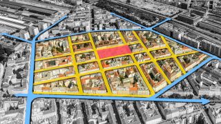 Visualisierung des Volkertviertels mit bunten Linien auf schwarz-weiß Stadtplan
