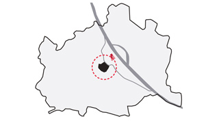 Wien-Plan mit Lage des Stadtentwicklungsgebiets Nordbahnhof, Entfernung zum Stadtzentrum drei Kilometer