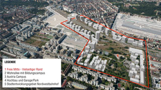 Plandarstellung des Stadtentwicklungsgebietes Nordbahnhof mit Markierung der Teilbereiche