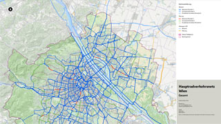 Karte von Wien, in der das Wiener Rad-Hauptnetz dargestellt ist, Stand 2022