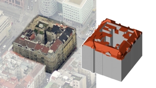Gegenberstellung eines texturierten 3D-Modells und eines Perspektivbildes des 3D-Stadtmodells mit Dchern von einem Huserblock.