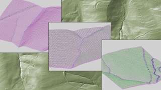 Drei Detailausschnitte des Gelndemodells aus ALS-Daten mit Gelndeschummerung als Hintergrundbild.