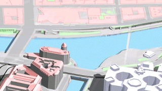 Beispiel fr eine Textur im dreidimensionalen Modell - Perpektivansicht Wiener Urania, Wienfluss und Donaukanal