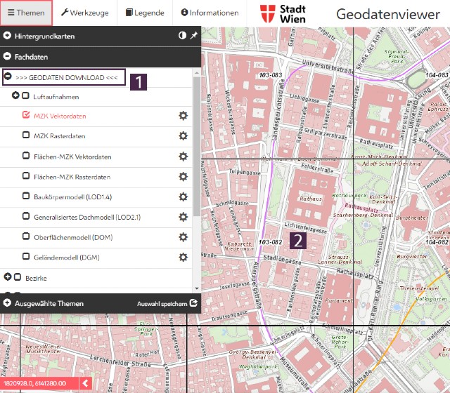 copyright: MA 41 - Stadtvermessung Screenshot Geodatenviewer mit geöffnetem Geodaten-Download-Menu