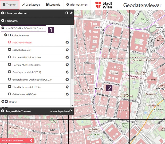 Screenshot Geodatenviewer mit geffnetem Geodaten-Download-Menu