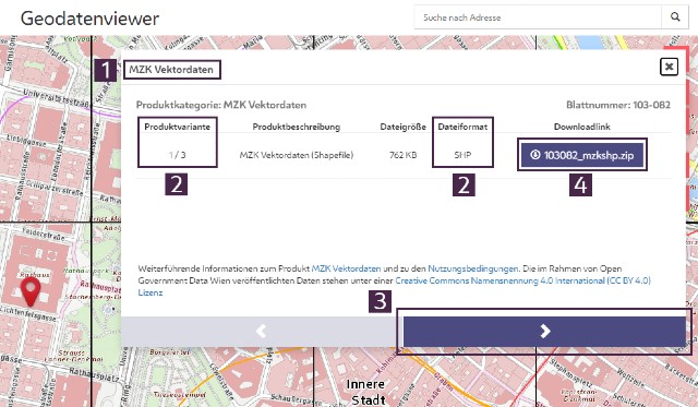 copyright: MA 41 - Stadtvermessung Screenshot Geodatenviewer mit geöffnetem Download-Fenster