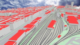Perspektivansicht des 3D-Stadtmodells zur Berechnung der Lrmausbreitung fr den Bereich Grtel, Sdbahnhof