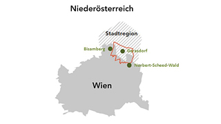 Wien-Karte mit Markierung des länderübergreifenden Grünraumes in Wien und Niederösterreich