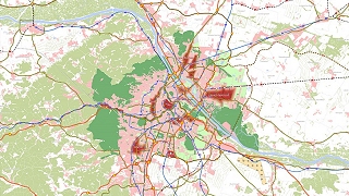 Der Plan stellt Wien und sein nheres Umland mit der bestehenden und geplanten Verkehrsinfrastruktur, Entwicklungsachsen, Zielgebieten der Stadtentwicklung sowie Waldgebieten und das generalisierte gewidmete Bauland (inkl. Siedlungsgrenzen) dar.