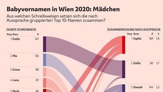 Die Grafik zeigt, aus welchen exakten Schreibweisen sich die Top 10 Vornamen der 2020 in Wien geborenen Mdchen zusammensetzen