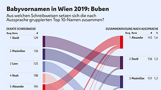 Die Grafik zeigt, aus welchen exakten Schreibweisen sich die Top 10 Vornamen der 2019 in Wien geborenen Buben zusammensetzen